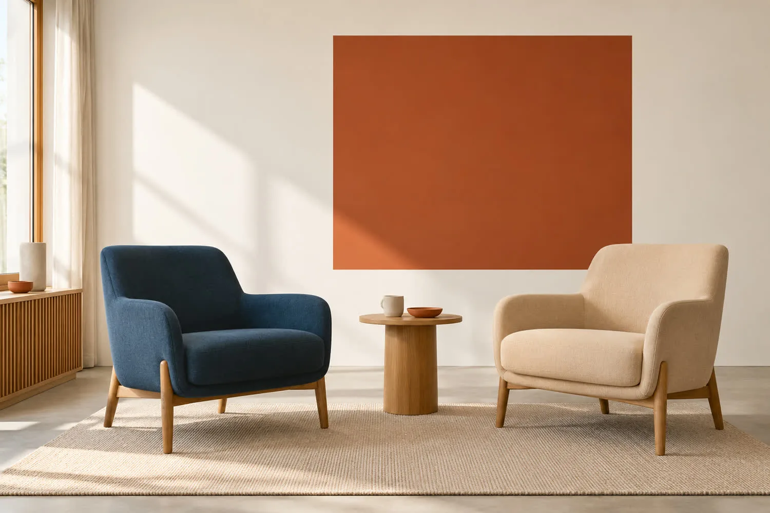 Sala de atendimento com duas poltronas, uma azul e uma areia, frente a frente diante de um painel terracota
